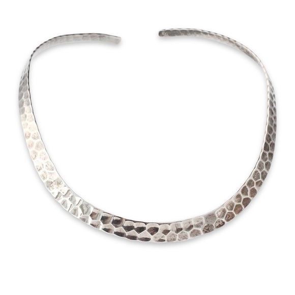 Vintage Sterling Silver Collar Necklace Wide Choker with Hammered Texture - Picture 2 of 5
